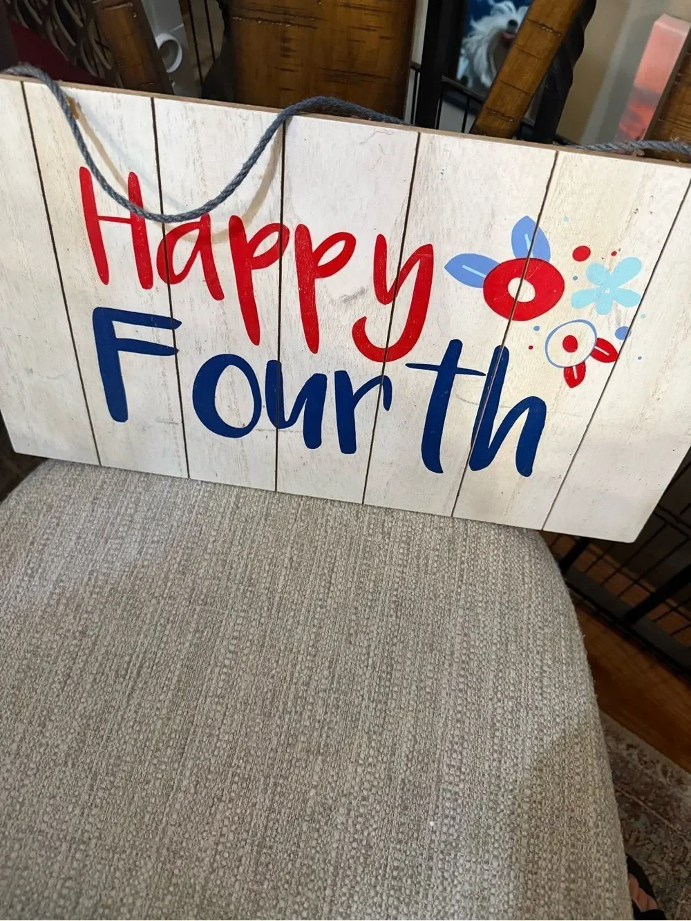 Happy Fourth Rustic Wooden Wall Sign - Red & Blue